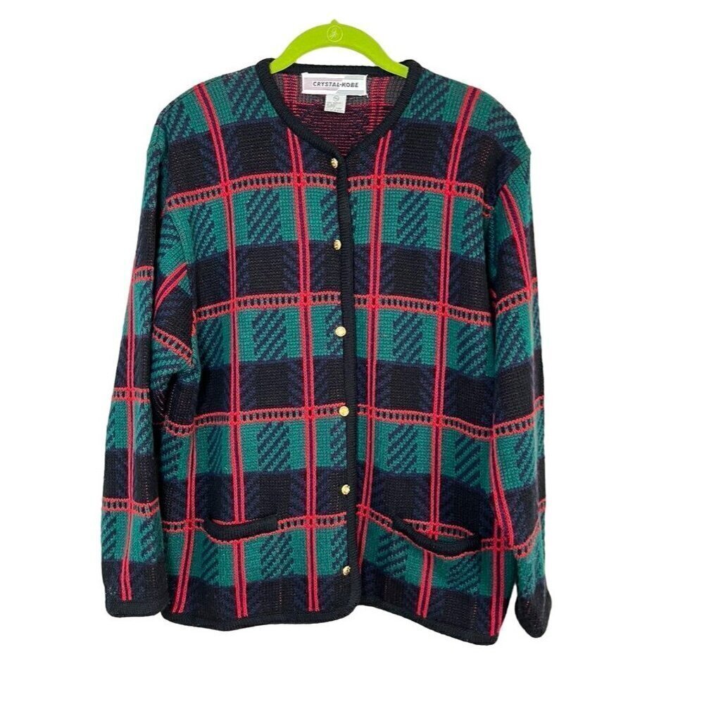 Retro Plaid Knit Sweater XL Red Mod Classic Preppy Boho Festive Holiday Chic 80s